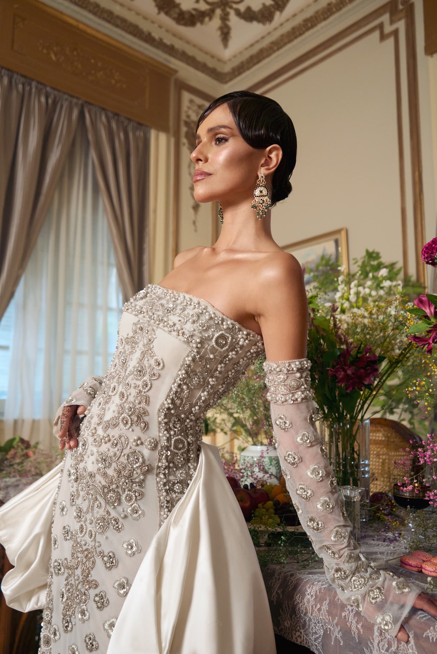 Statuesque fully embroidered wedding gown