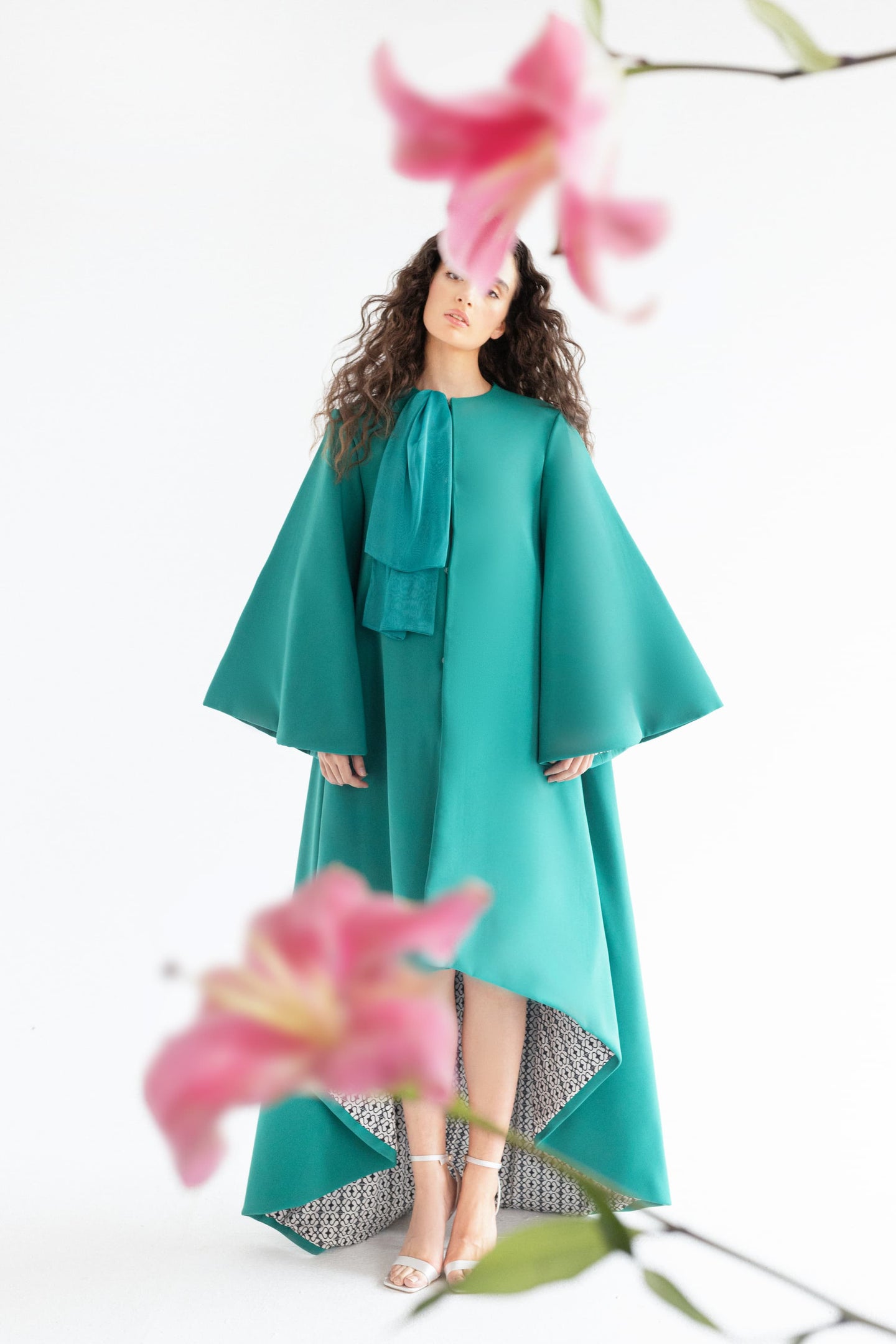 HIGH-LOW GREEN COAT CREPE DRESS