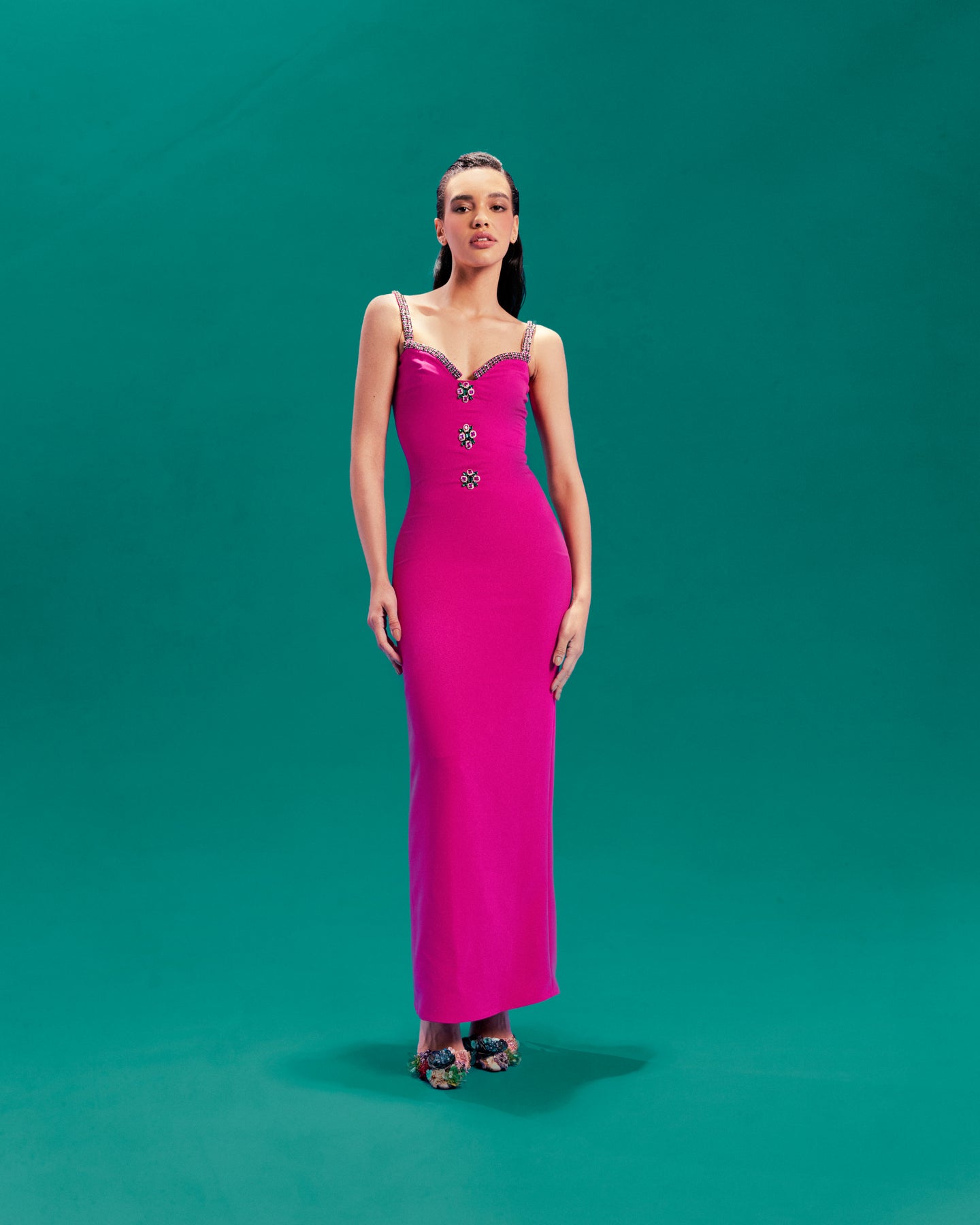 FUCHIA STRAPLESS LONG DRESS