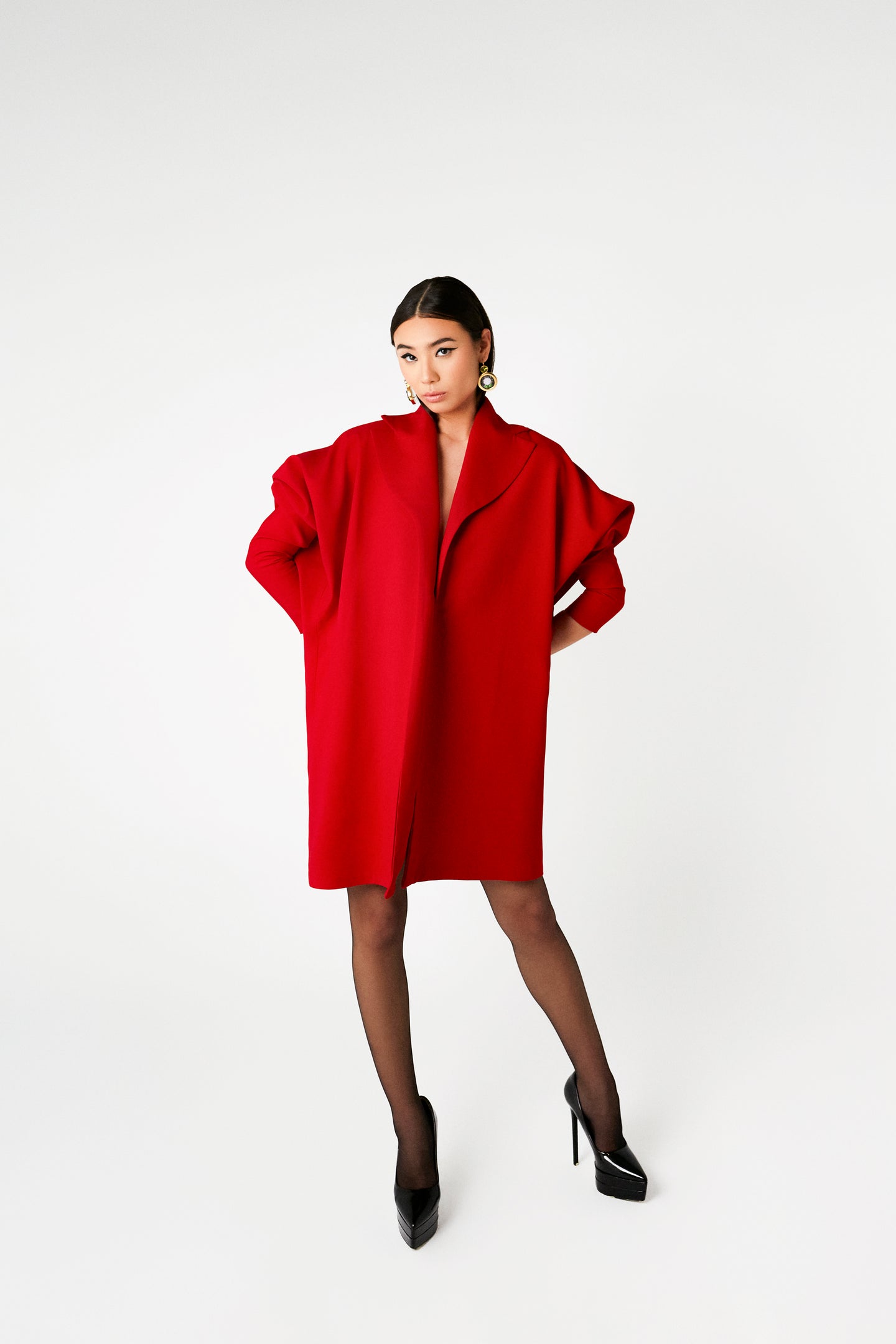 STRUCTURED RED CREPE JACKET DRESS